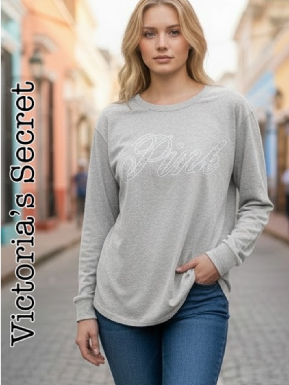 Victoria's Secret Gray 'Pink' Long-Sleeve Crewneck Tee Size Large